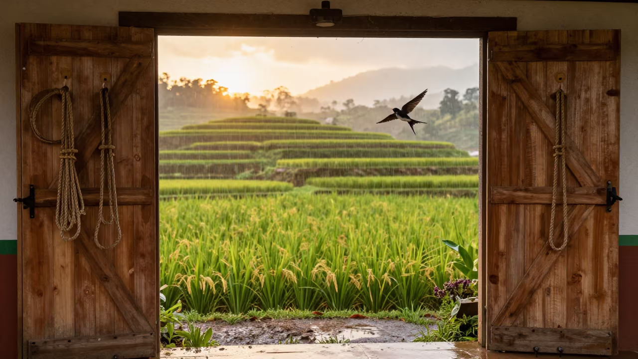 Barn Door Open Amidst Rainy Rice Paddies in among terraced rice paddies in Cúcuta