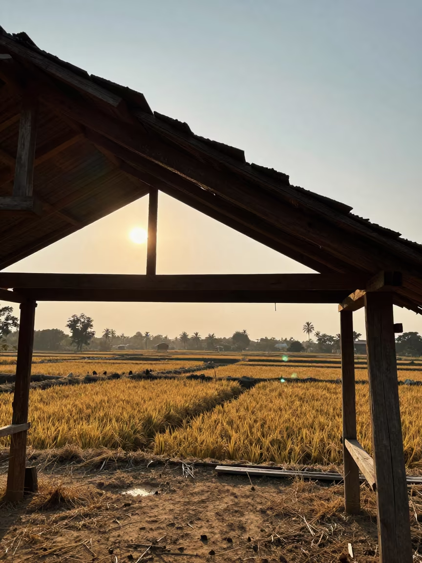 Barn Loft Beam Silhouetted Against Golden Hour Light in among terraced rice paddies in Gujarat