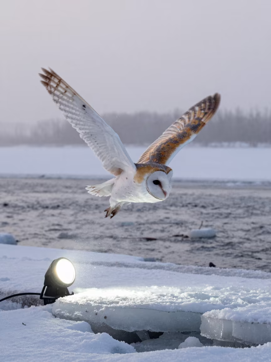 Barn Owl Flies Over Snowy Tidal Inlet at Dawn in beside a tidal inlet near Edmonton