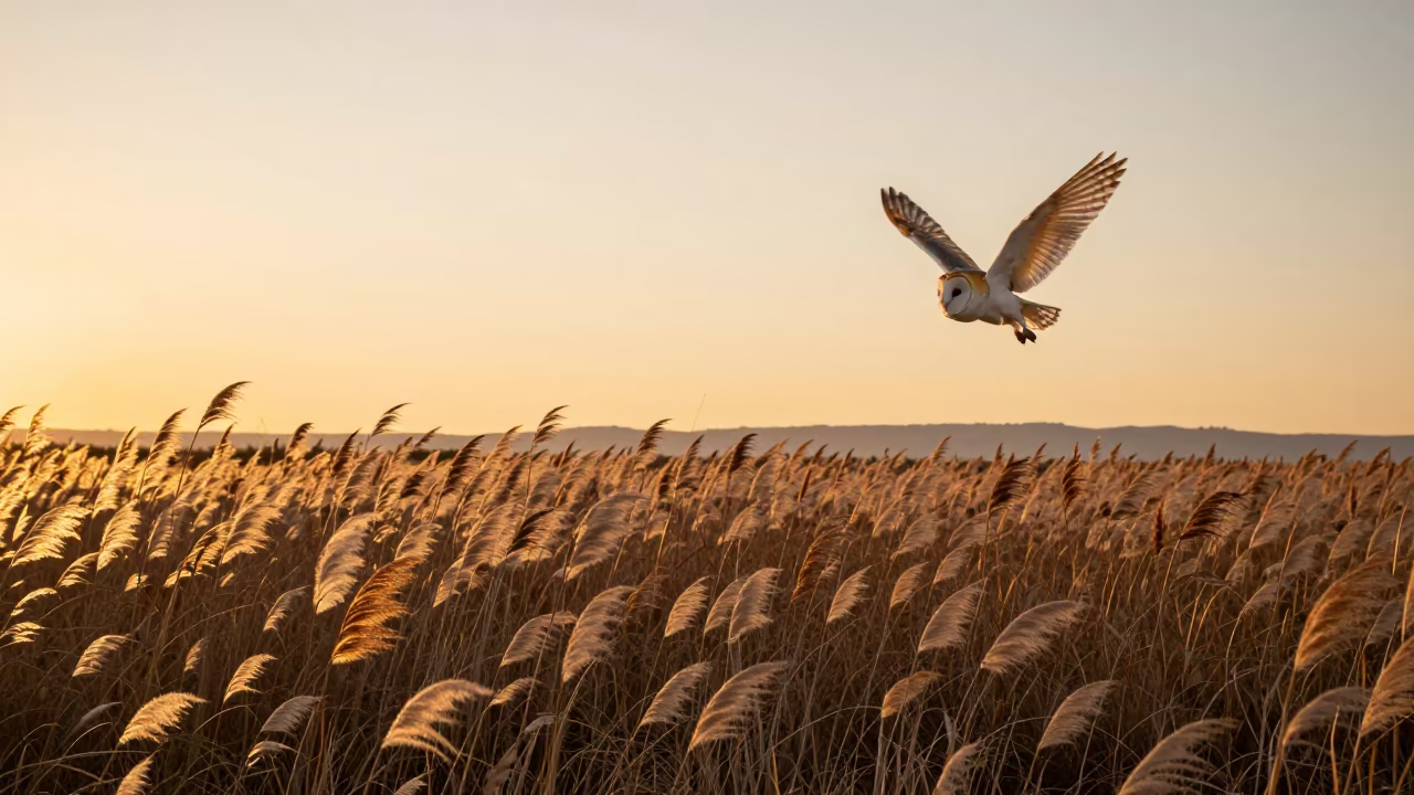 Barn Owl Flight Over California Reed Bed Sunset in at the edge of a reed bed in California