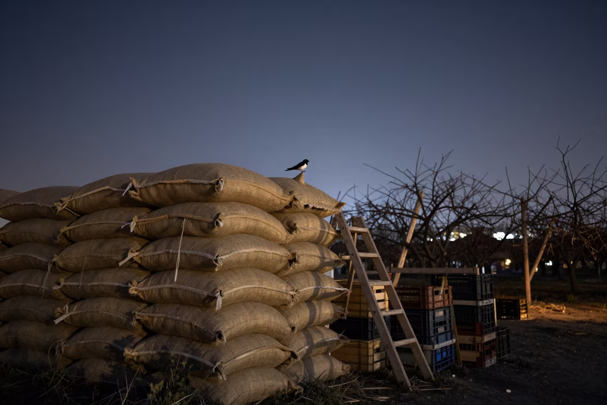 Silhouetted Barn Swallow on Nail at Night in among orchard ladders and crates in Armenia