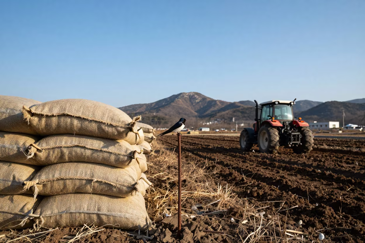 Barn Swallow on Nail Above Winter Feed Sacks in beside a tractor track through dark soil near Seoul
