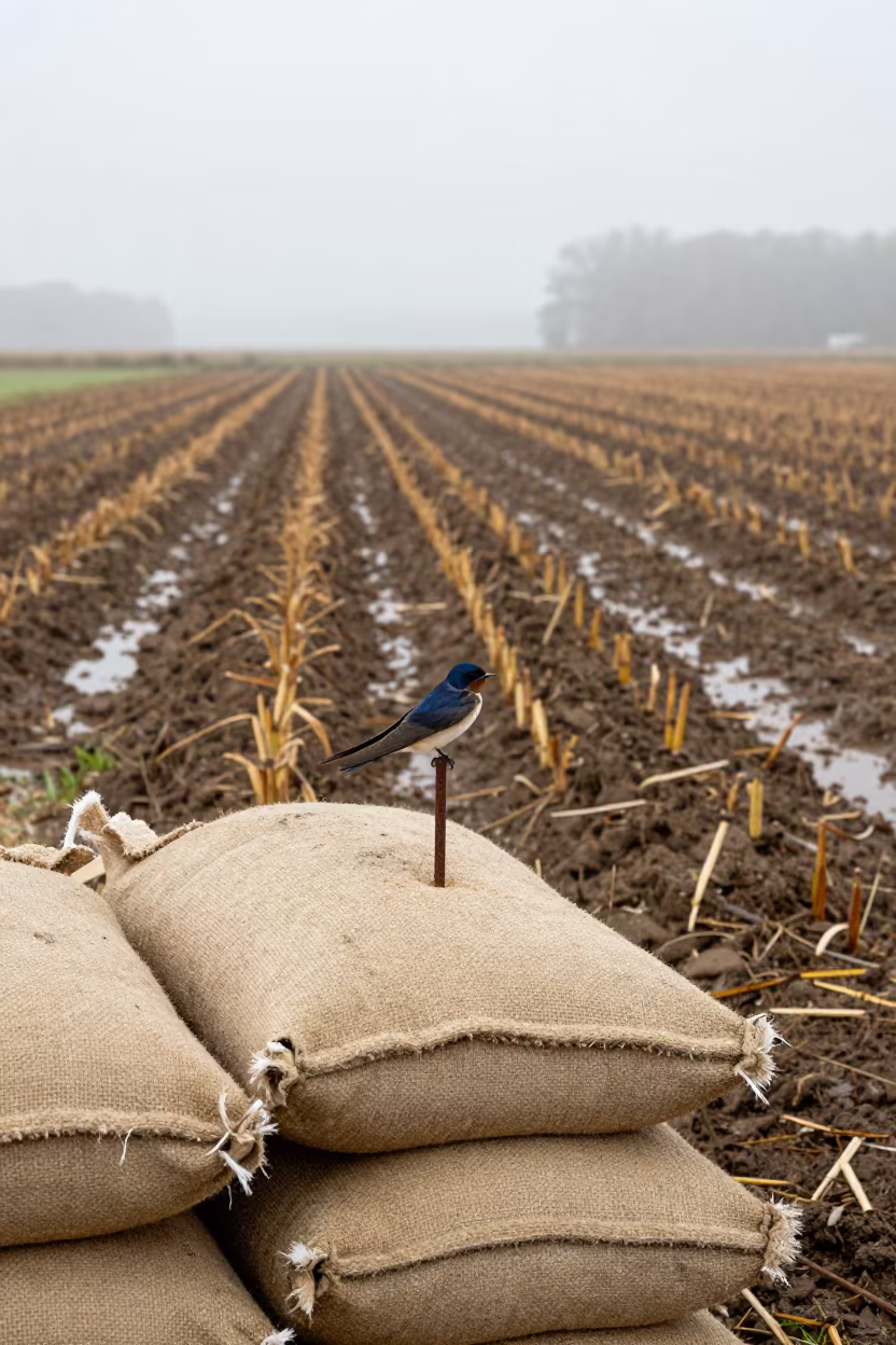 Barn Swallow Perched on Nail Above Feed Sacks in along freshly irrigated rows in Alabama