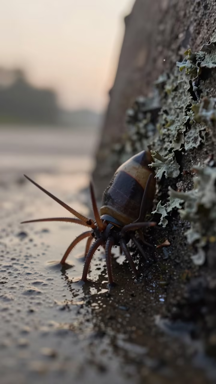 Barnacle Cirri Feeding in Dawn Light in on lichen-covered bark near Accra