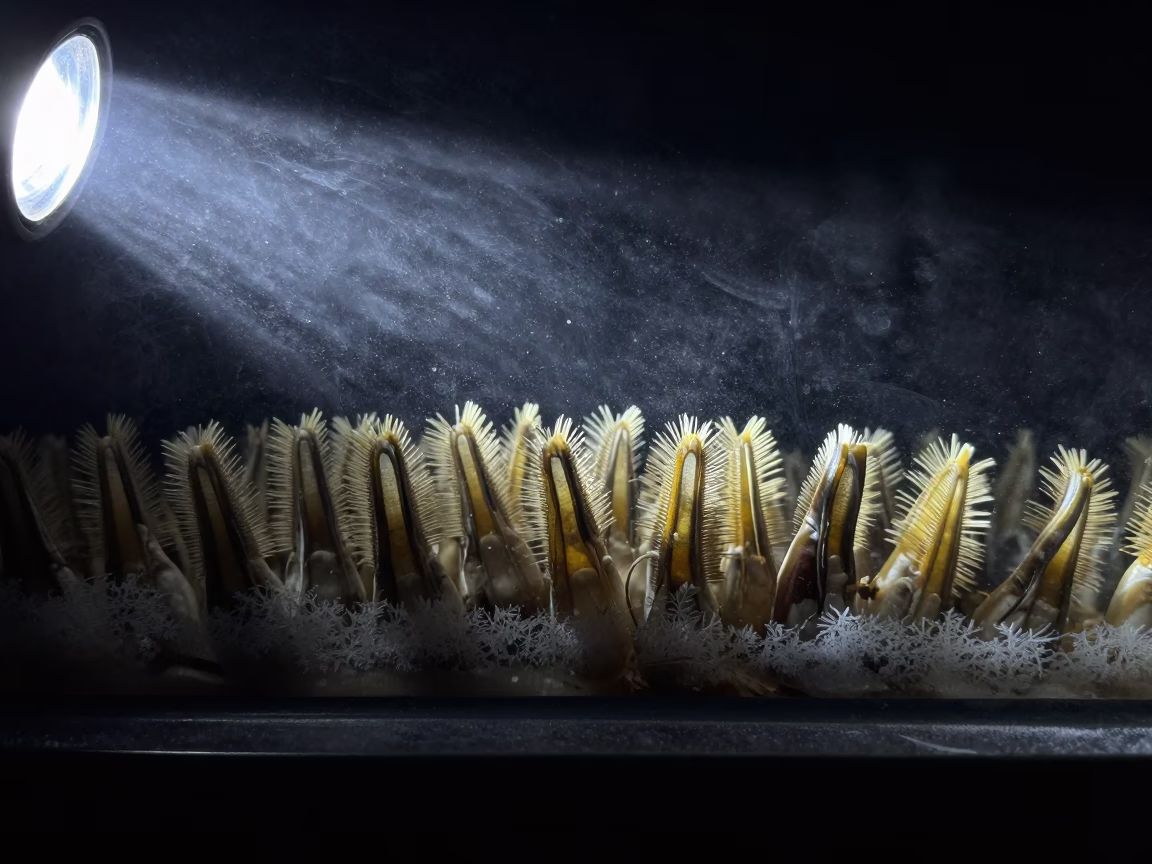 Barnacle Cirri Feeding in Harbin Window Night in along a frost-edged windowpane near Harbin