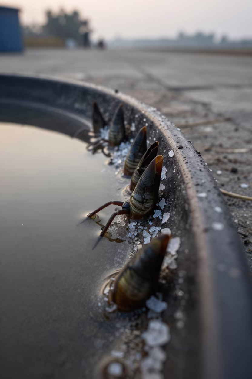 Barnacle Cirri Feeding on Winter Salt Crystals in on salt crystals along a pan rim in Narsingdi