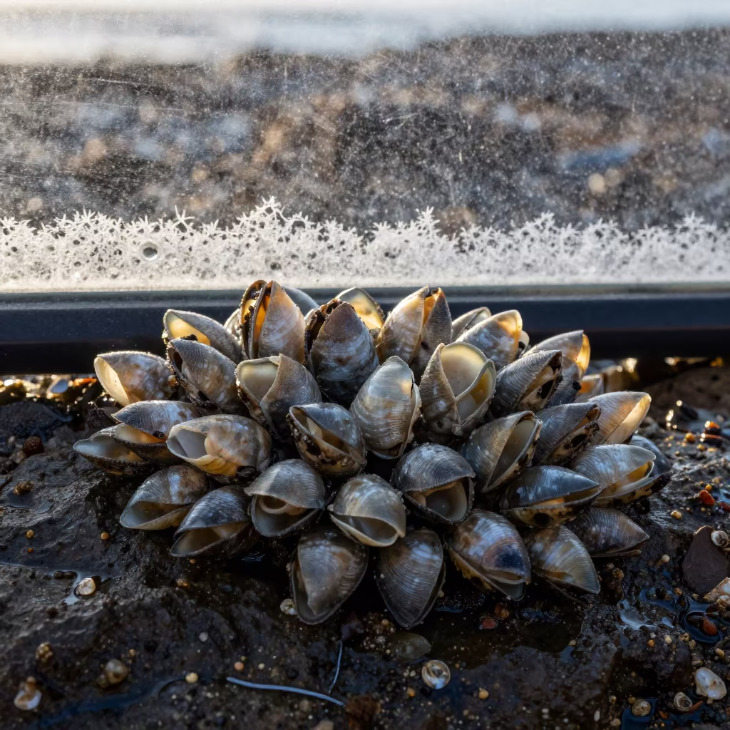 Barnacle Cluster on Frosty Window Sydney in along a frost-edged windowpane in The Rocks, Sydney