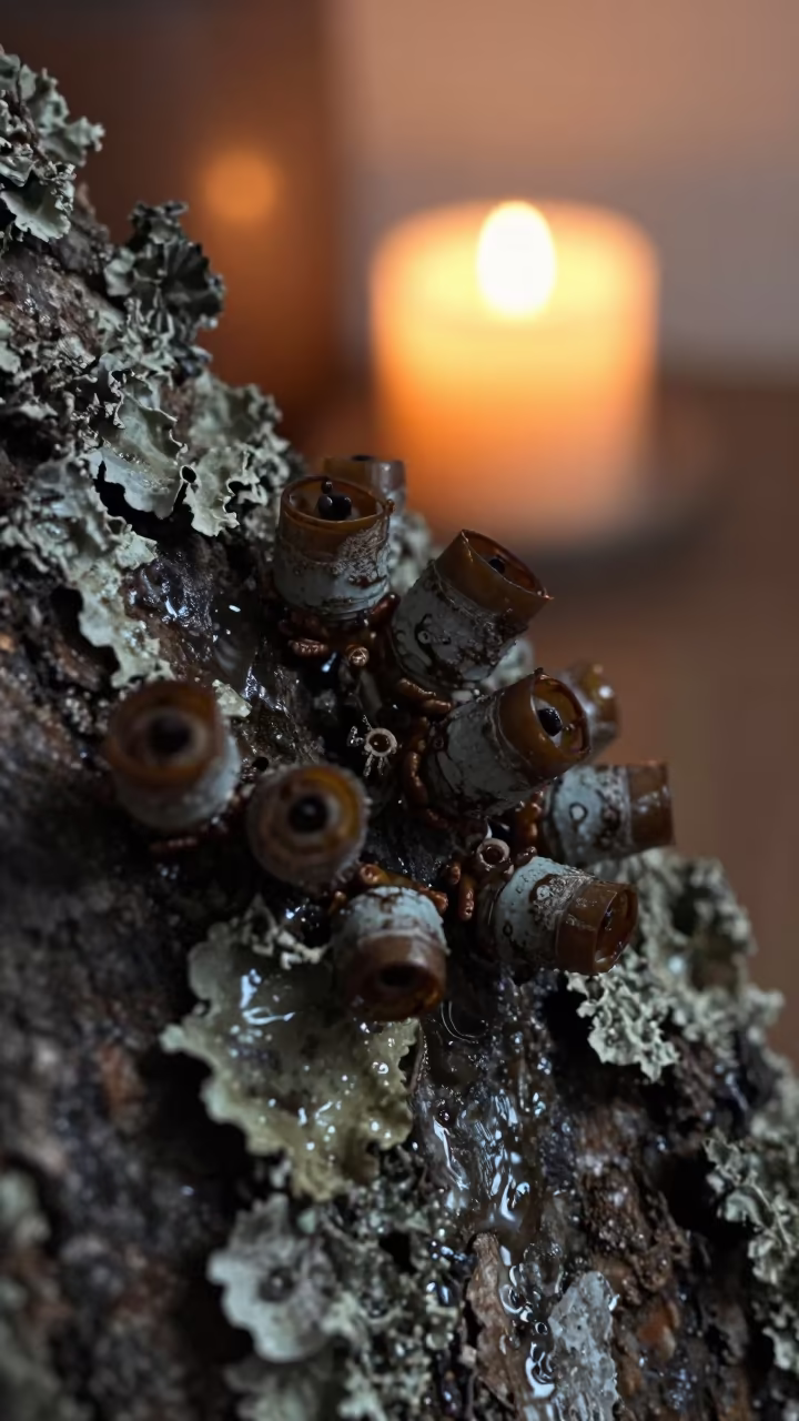 Barnacle Cluster on Lichen Bark in Candlelight in on lichen-covered bark in Guadalajara