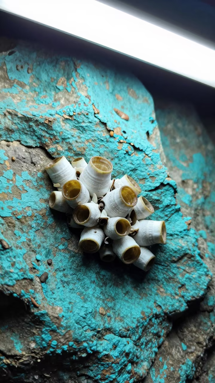 Barnacle Cluster on Turquoise Paint Night in against weathered turquoise paint in Surabaya