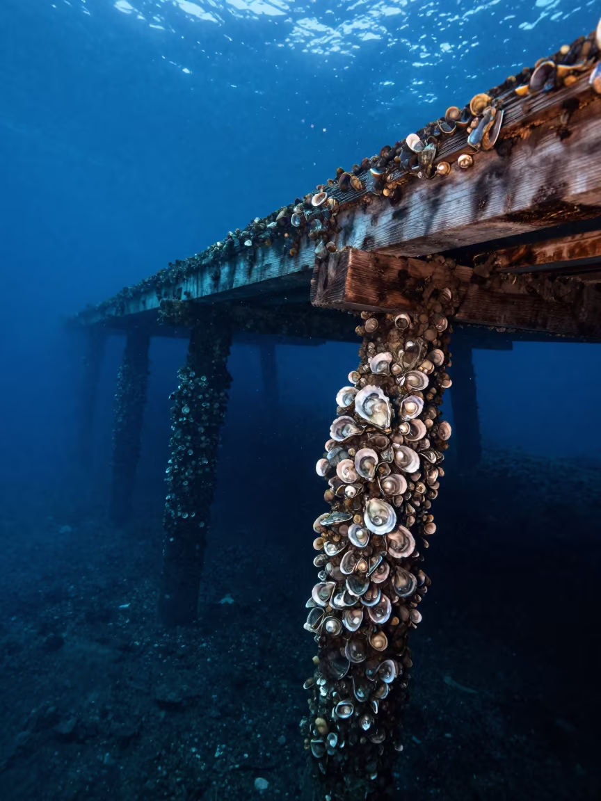 Barnacles and Oysters on Sunken Pier in Greek Twilight in beside a volcanic drop-off in Greece
