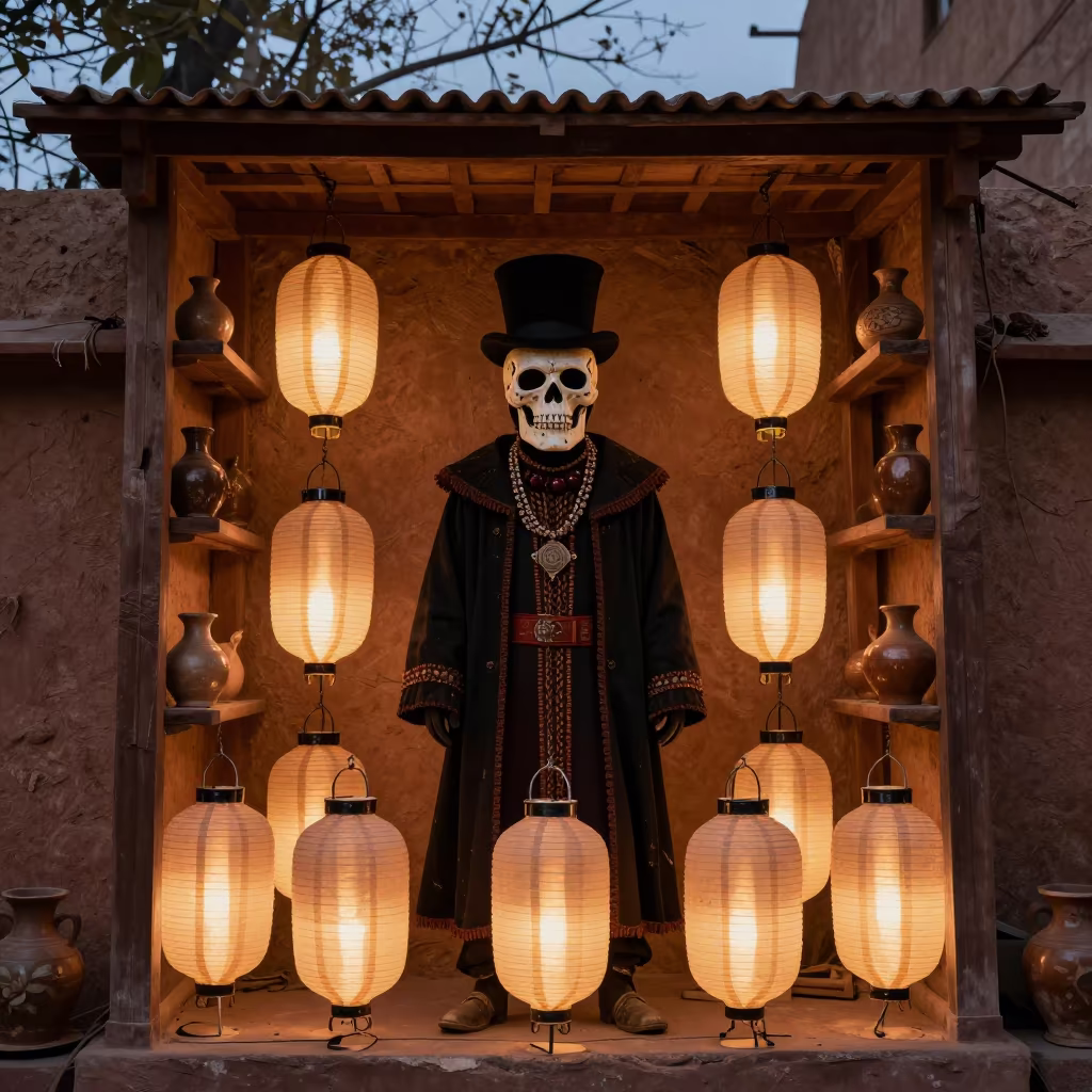 Baron Samedi Costume at Delhi Shrine Lantern Light in in a shrine lined with lanterns in Delhi