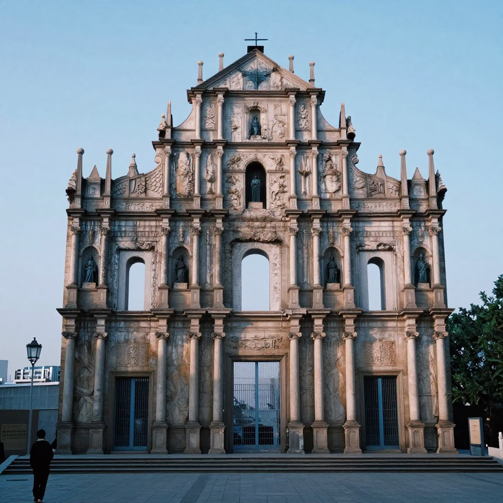 Baroque Church Facade Lanterns Jiangsu Predawn in in a lantern-lined temple precinct in Jiangsu