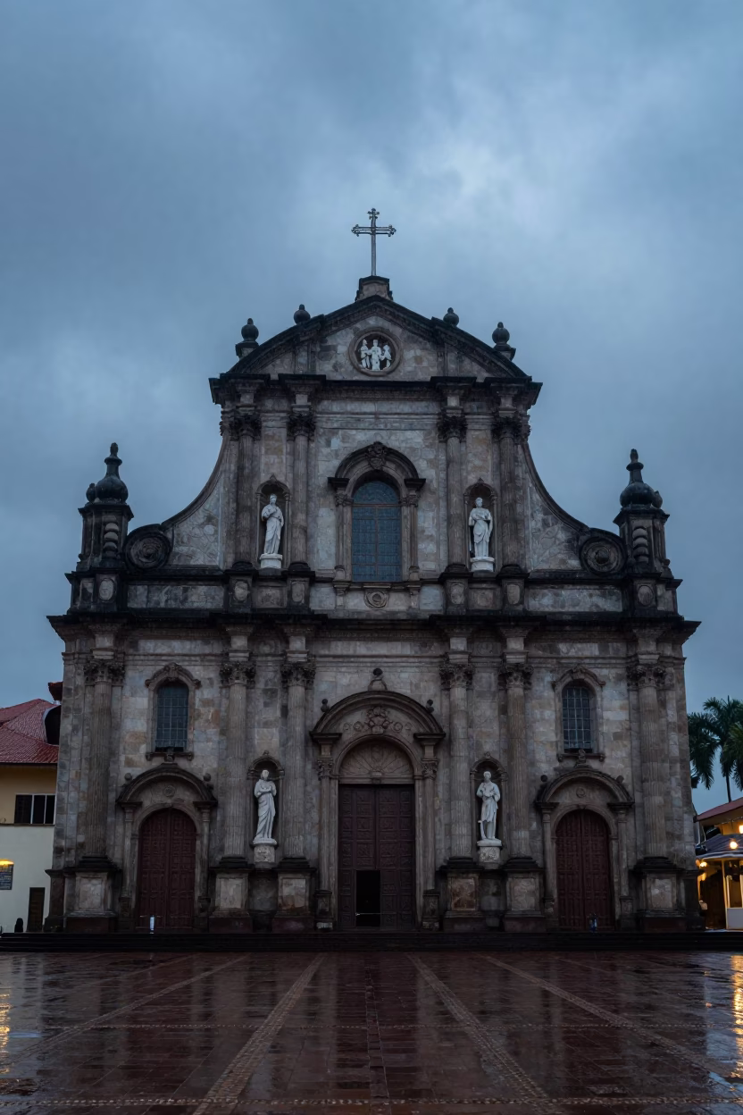 Baroque Church Facade in Malindi Plaza Rain in across a formal civic plaza in Malindi