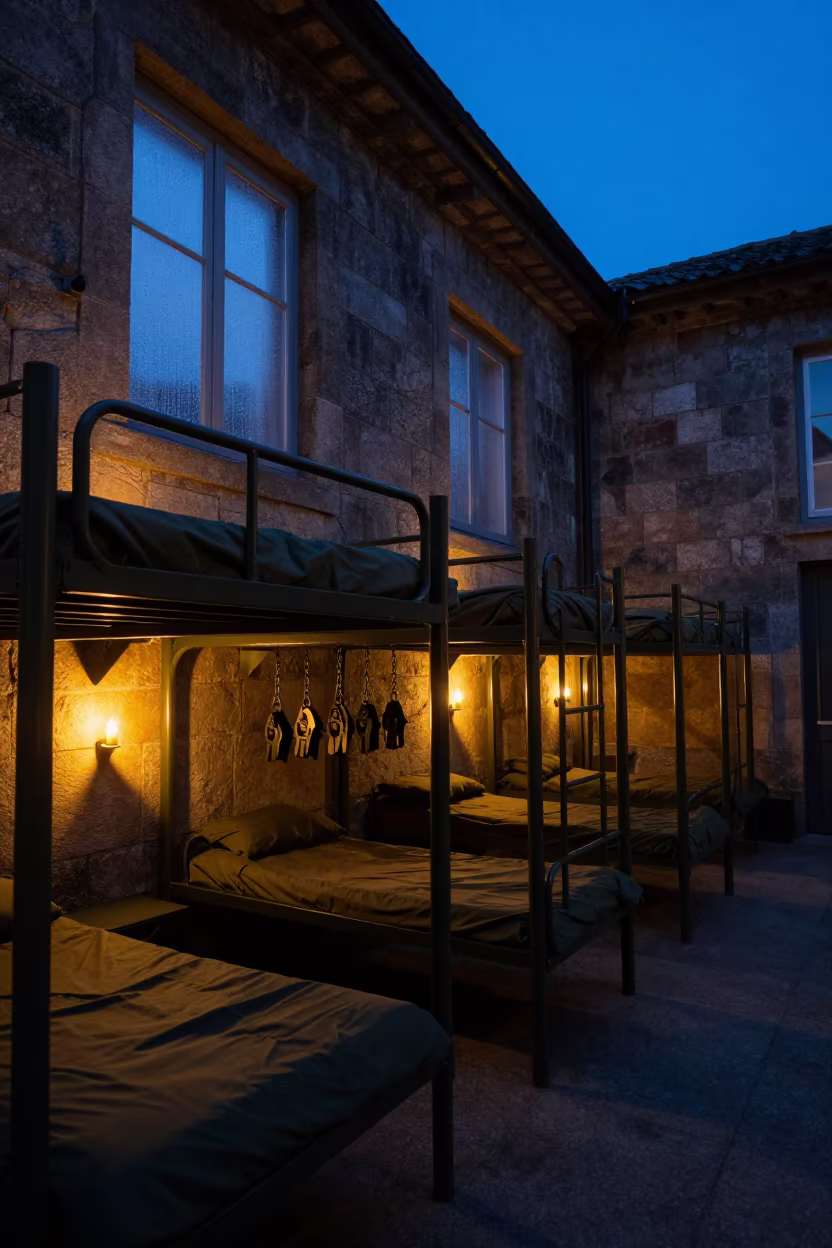 Barracks Bunk Row Blue Hour Candlelight in inside a command post in Galicia