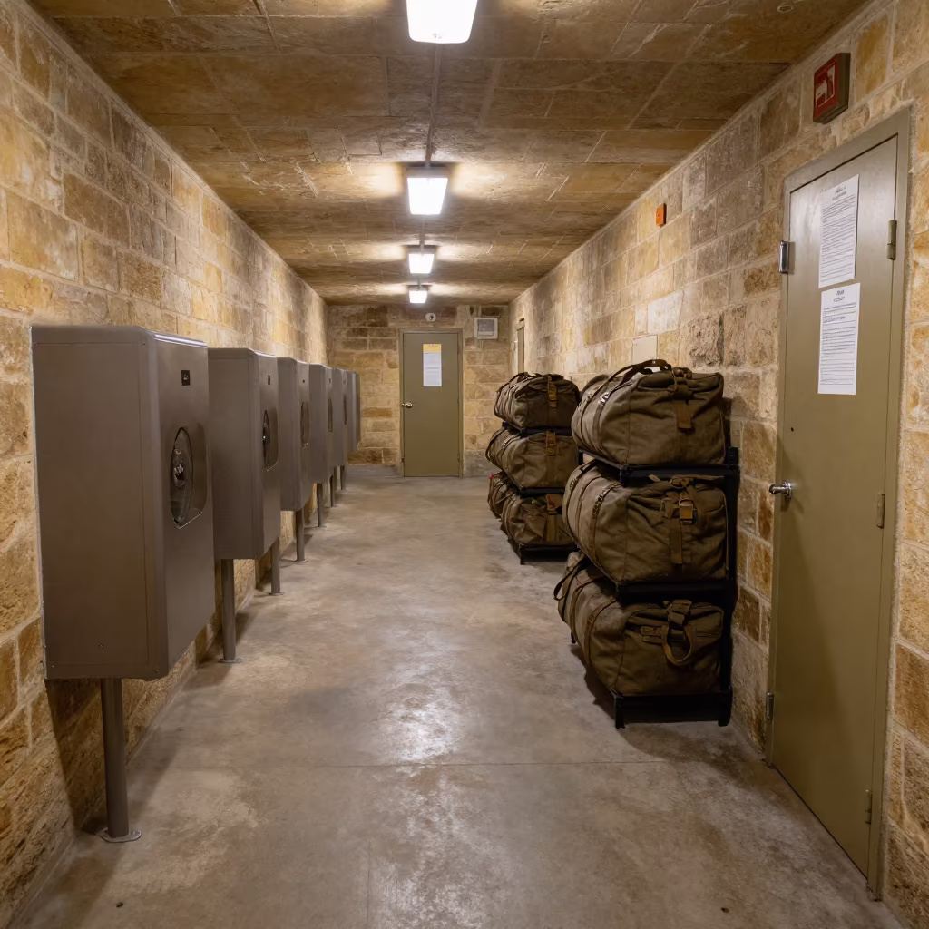 Barracks Corridor with Boot Dryers and Inspection Cards in inside a bunker stairwell in the Cotswolds