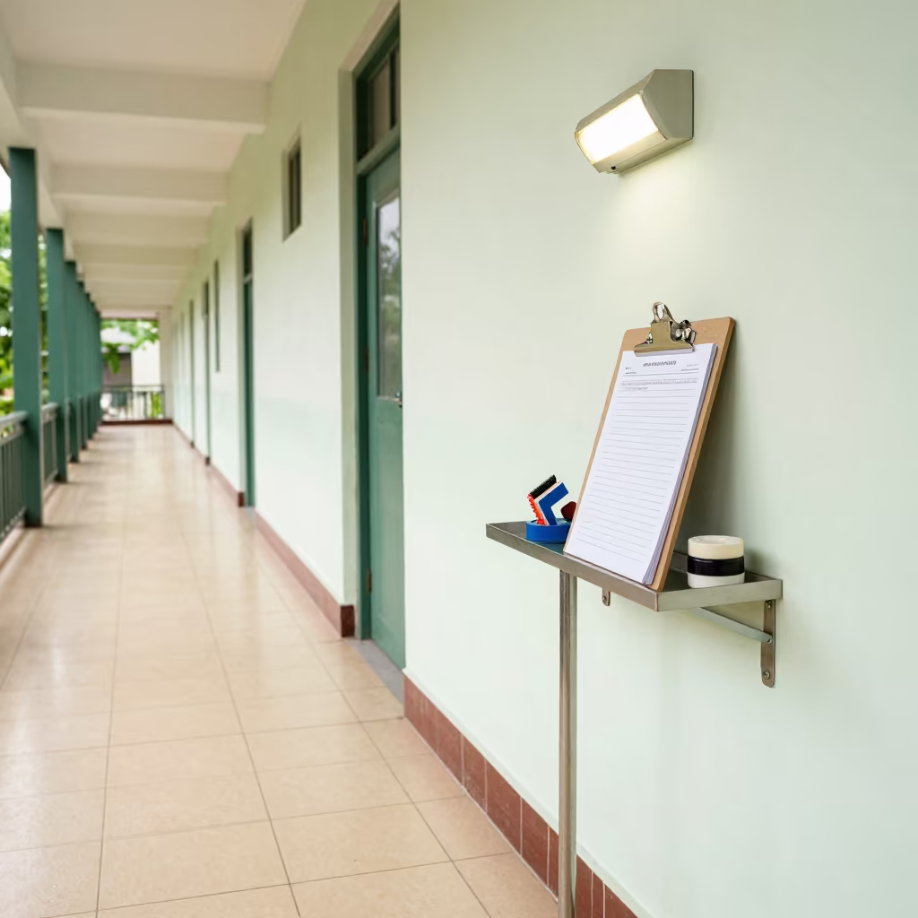 Barracks Fire Watch Clipboard Stand Monsoon Light in inside a barracks corridor near Guilin
