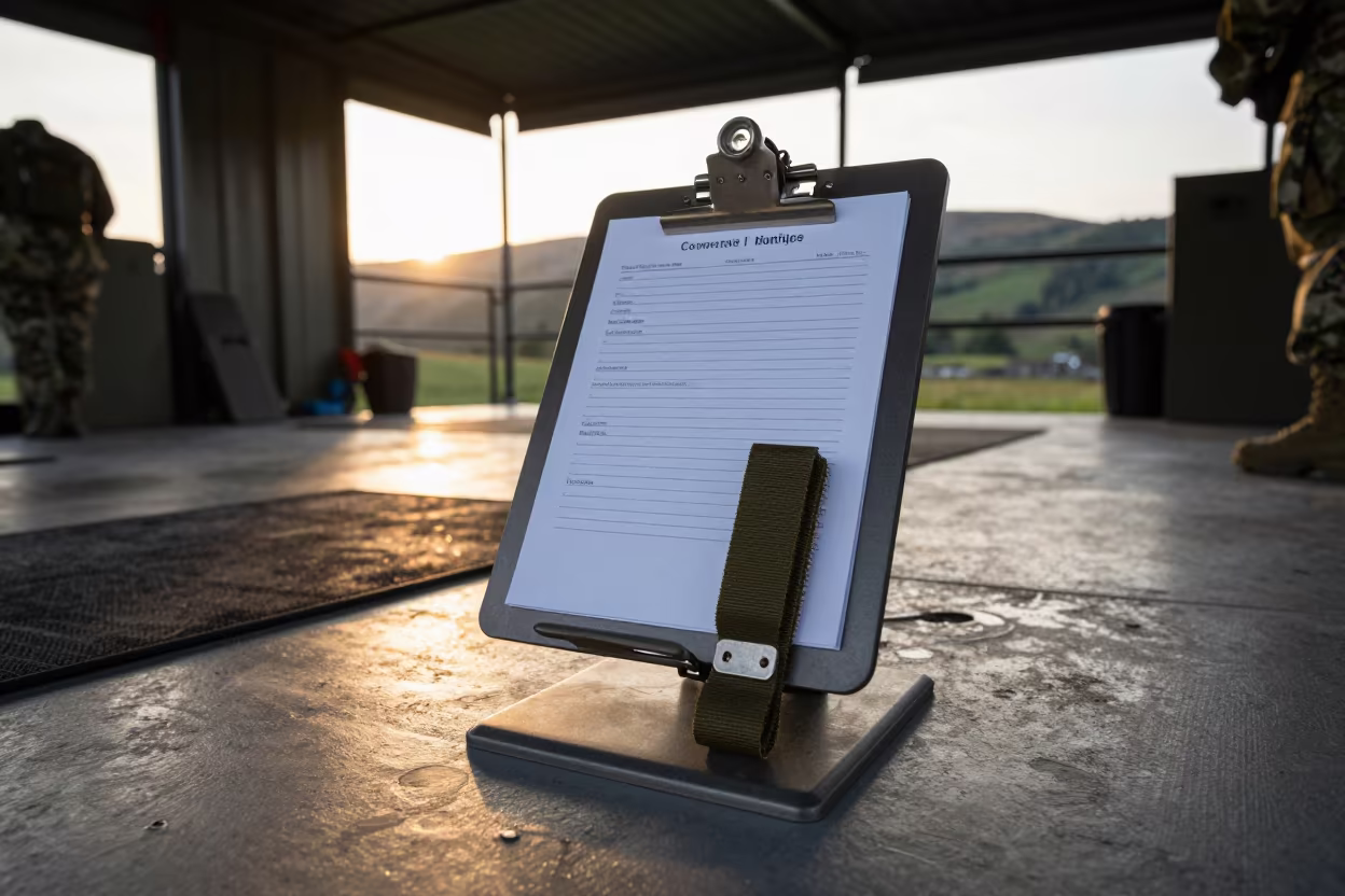 Barracks Fire Watch Clipboard Under Utility Light in inside a command post in the Lake District