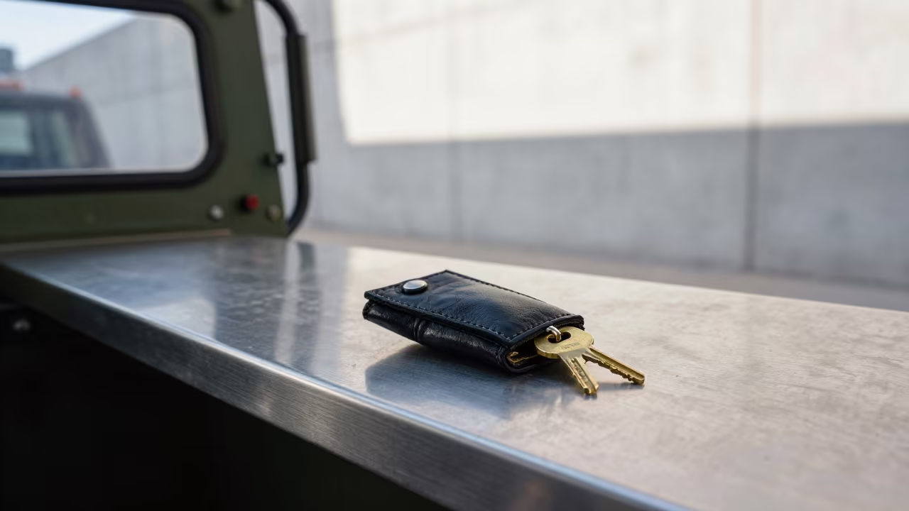Barracks Lockout Key Pouch in Tijuana Bay in in an armored vehicle bay in Tijuana