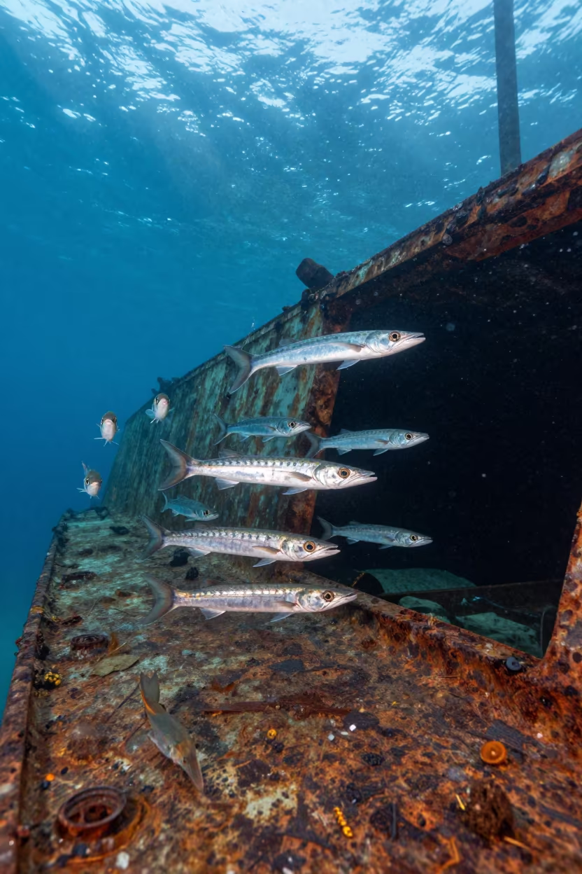 Barracuda Circling Rusted Shipwreck Deck in Cuba in in Cuba
