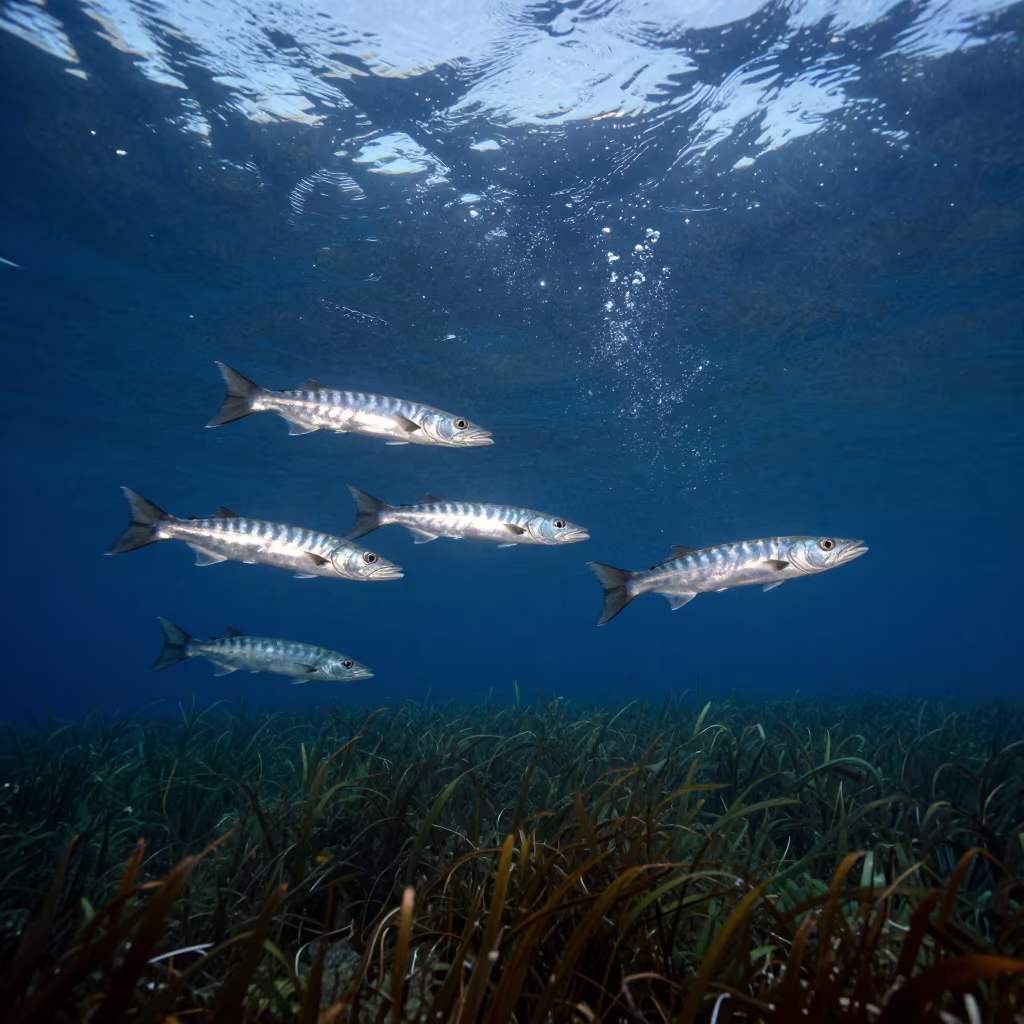 Barracuda School in Blue Hole Dawn Light in above a seagrass meadow near Auckland