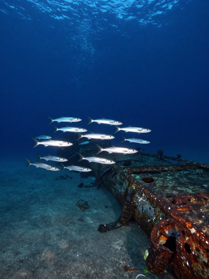 Barracuda School Circling Mumbai Shipwreck at Night in near Mumbai