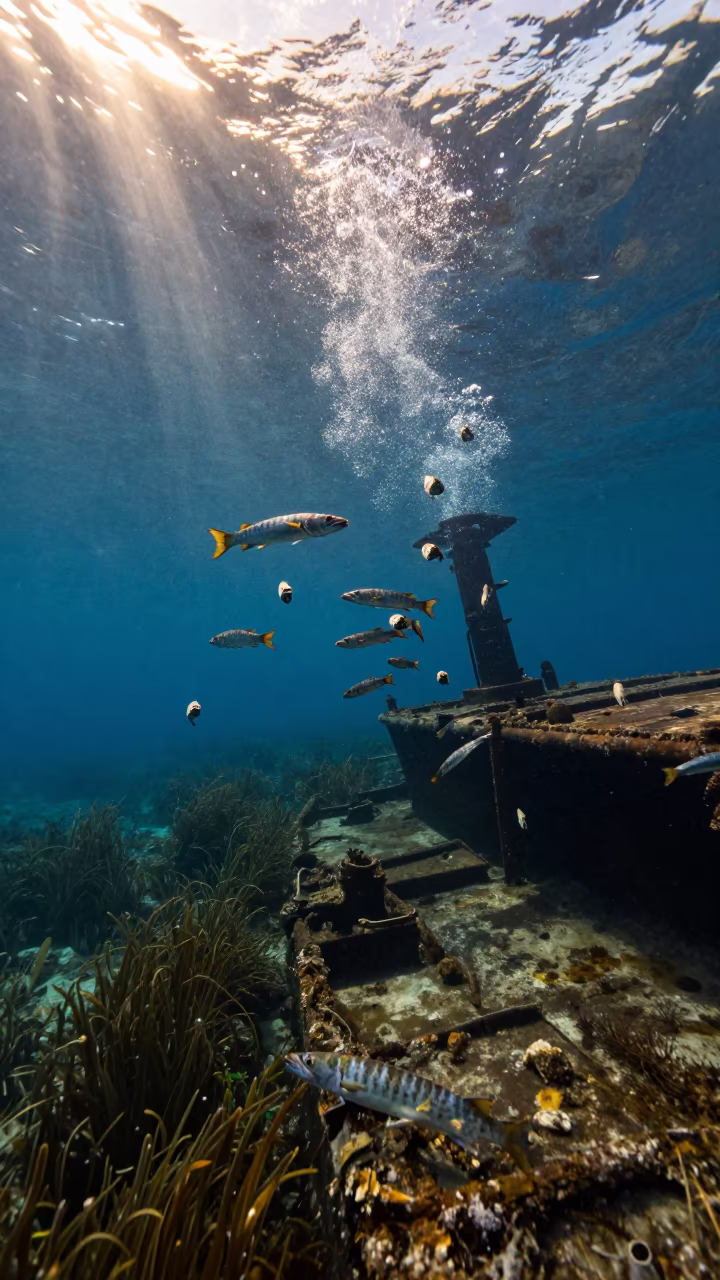 Barracuda School Circling Sicilian Shipwreck in above a seagrass meadow in Sicily