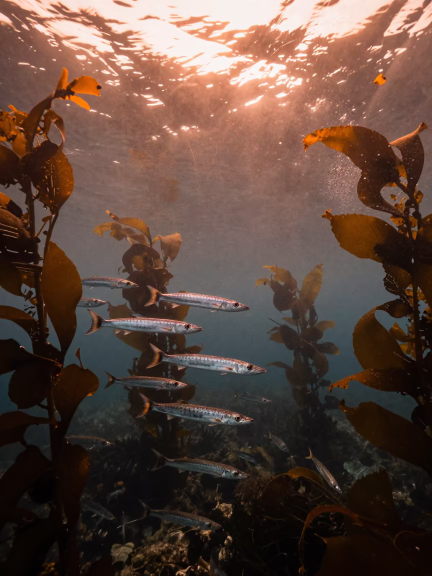 Barracuda School Through Kelp Forest in Blue Hole in through a forest of kelp fronds near Busan