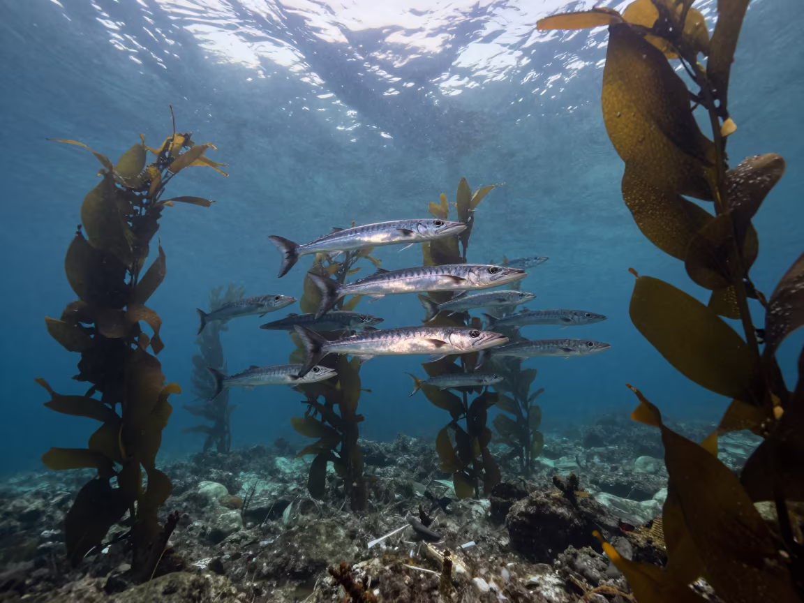 Barracuda School Through Kelp Forest Dawn Light in through kelp fronds beside a rocky shelf in Jamaica