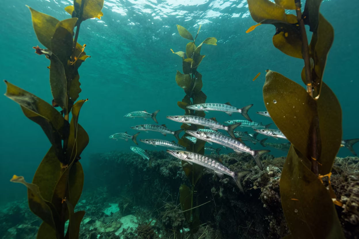 Barracuda School Drifting Through Kelp in Goa in beside a tide-cut rock ledge under clear water in Goa