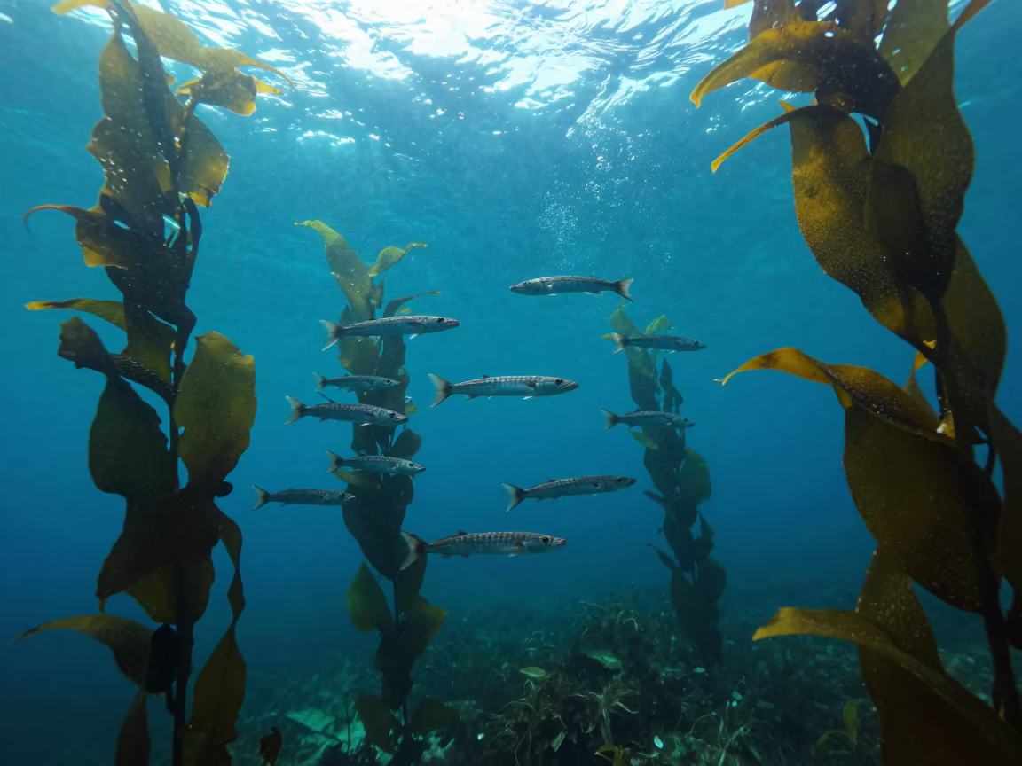 Barracuda School Through Kelp Forest Mombasa in through a forest of kelp fronds near Mombasa