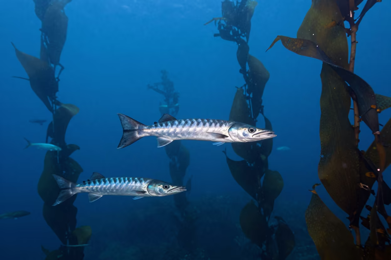Barracuda School Through Kelp Haze Cape Town in through a forest of kelp fronds near Kalk Bay, Cape Town