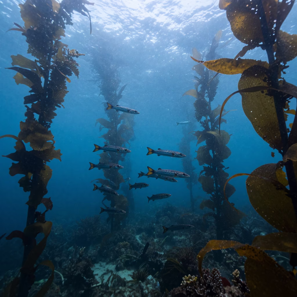 Barracuda School Through Misty Kelp Forest Dawn in above a cold-water reef edge near Mombasa