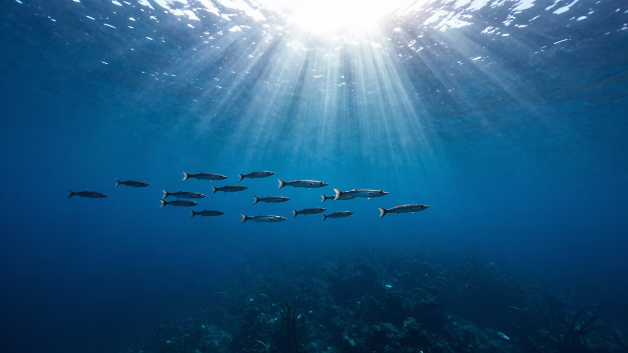 Barracuda School Through Plankton Haze in Cobalt Light in near Durban