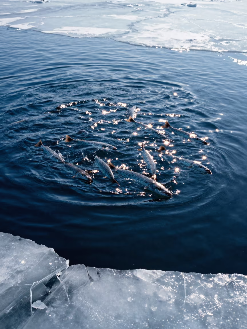 Barracuda School Under Fractured Ice Blue Water in through dark polar water below fractured ice near Sapporo