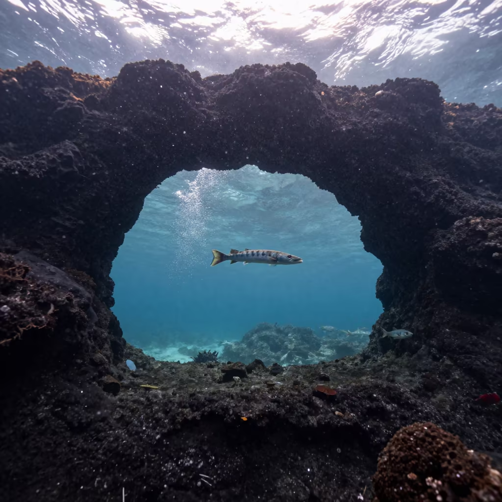 Barracuda School Through Volcanic Arch at Dawn in above a rock shelf in clear water near Sera, Lhasa