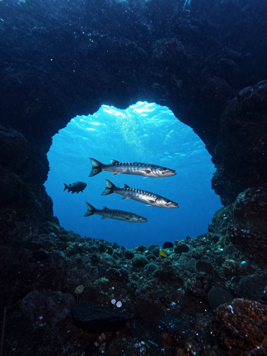 Barracuda School Through Volcanic Arch Night in above a rock shelf in clear water near Almaty