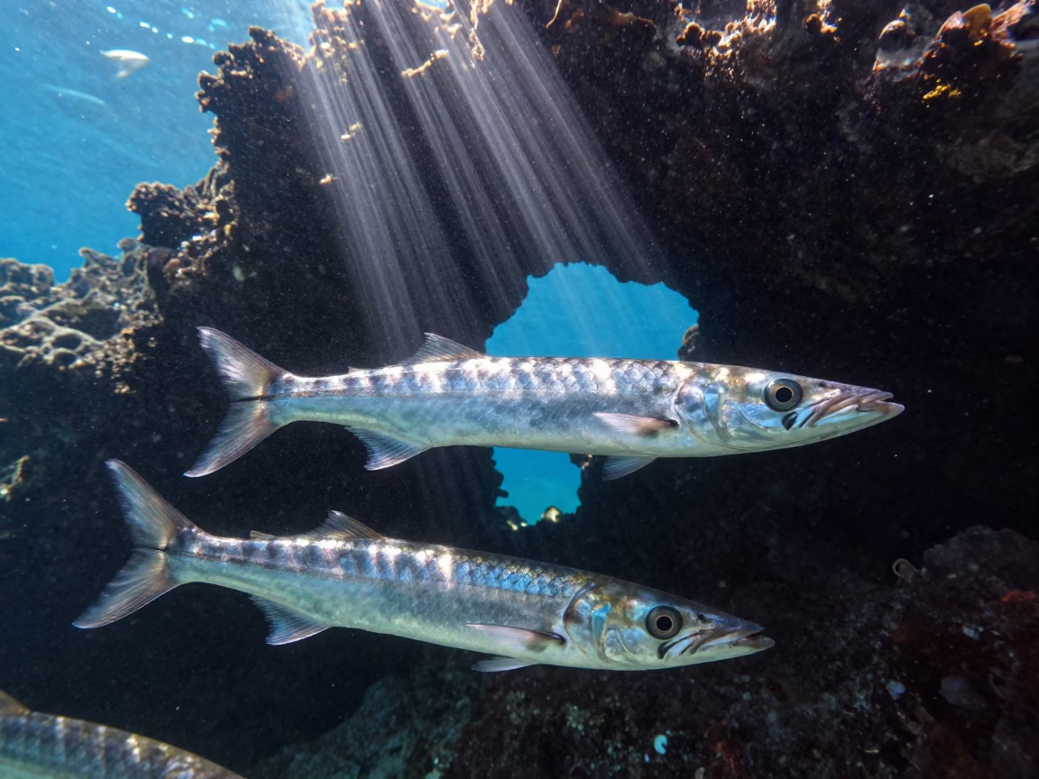 Barracuda School Through Volcanic Arch Under Water in through open water with long shafts of light in Canada