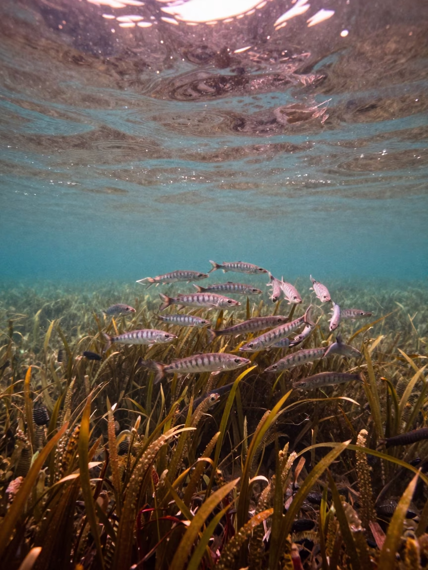 Barracuda Vortex Over Seagrass Near Haifa in above a seagrass meadow near Haifa