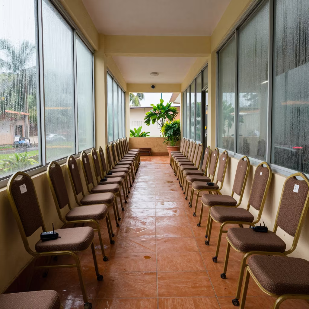 Barranquilla Corridor Event Setup Chairs and Gear in in a quiet guest corridor in Barranquilla