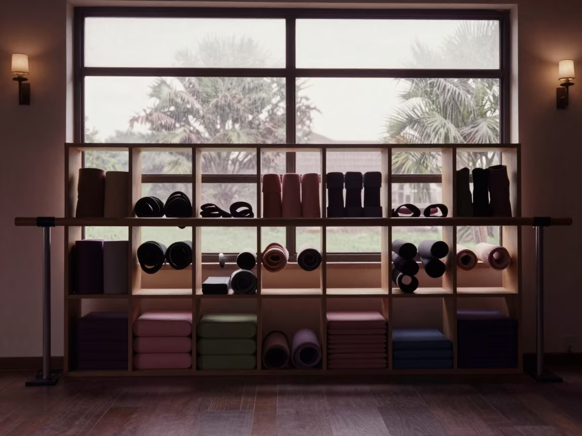 Barre Cubby Wall with Socks and Mats in inside a yoga studio before the session begins in Durg