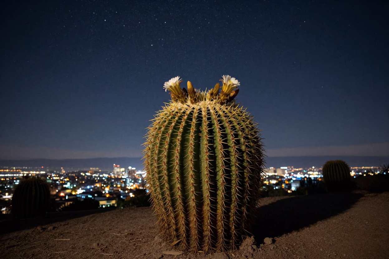 Barrel Cactus Blooming Under Starry Night Sky in San Diego California in in San Diego, California, United States