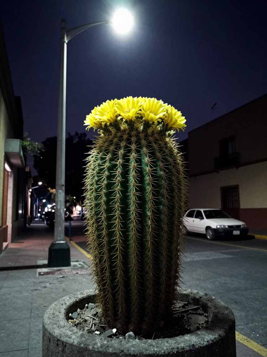 Barrel Cactus in Mexico City at Midnight Light in in Mexico City, Mexico