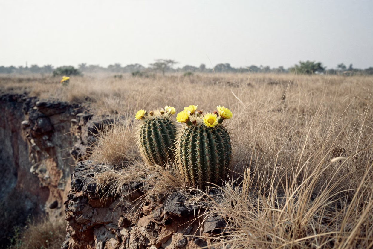 Yellow Flowered Barrel Cactus on Mizoram Cliff Edge in along a salt-sprayed cliff edge in Mizoram