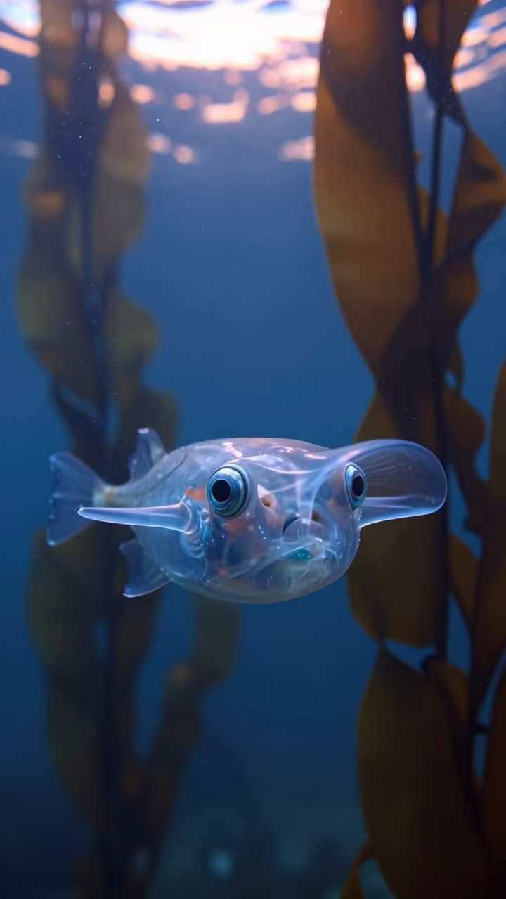 Barreleye Fish in Portuguese Kelp Forest in through a forest of kelp fronds in Portugal