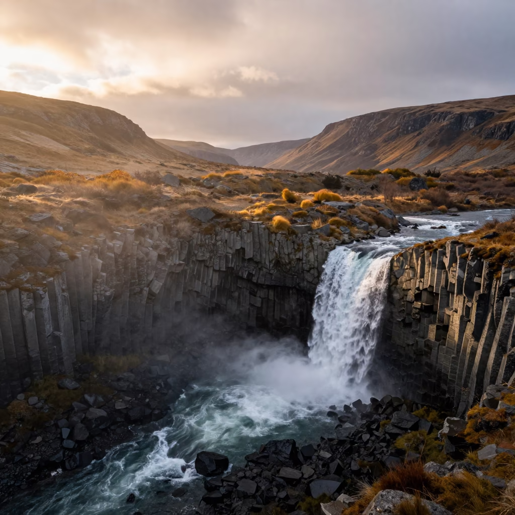 Basalt Column Patagonia Tidal Waterfall Sunrise in across a wide valley floor in Patagonia