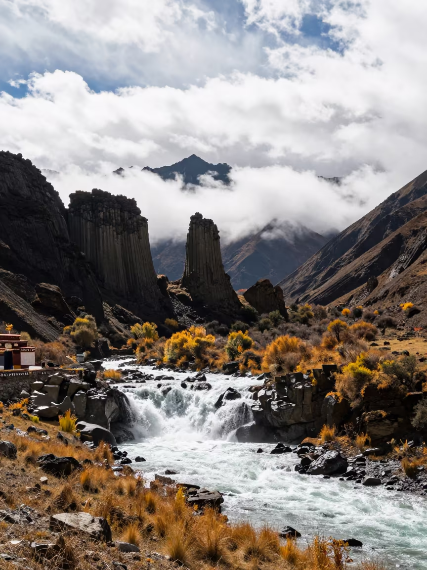 Basalt Column Silhouette Tidal Waterfall Lhasa in across a wide valley floor near Jokhang Square, Lhasa
