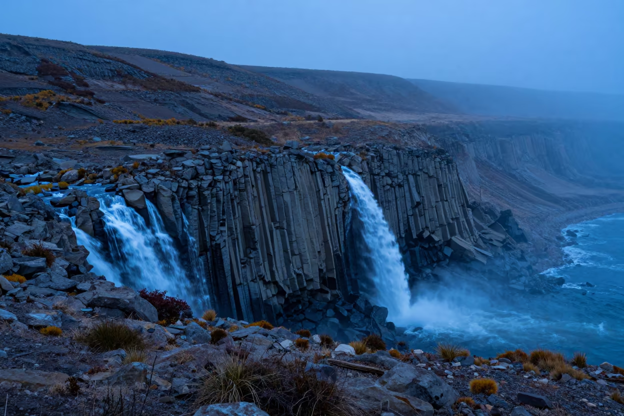 Basalt Column Tidal Waterfall Bolivia Mist in from a ridge above layered foothills in Bolivia
