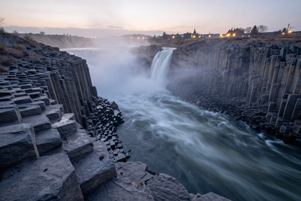 Basalt Column Tidal Waterfall Mist Colorado Valley in across a wide valley floor in Colorado