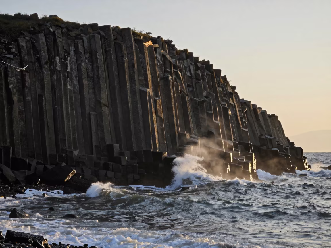 Basalt Column at Yunnan Tidal Waterfall Evening in along a wave-cut shoreline in Yunnan