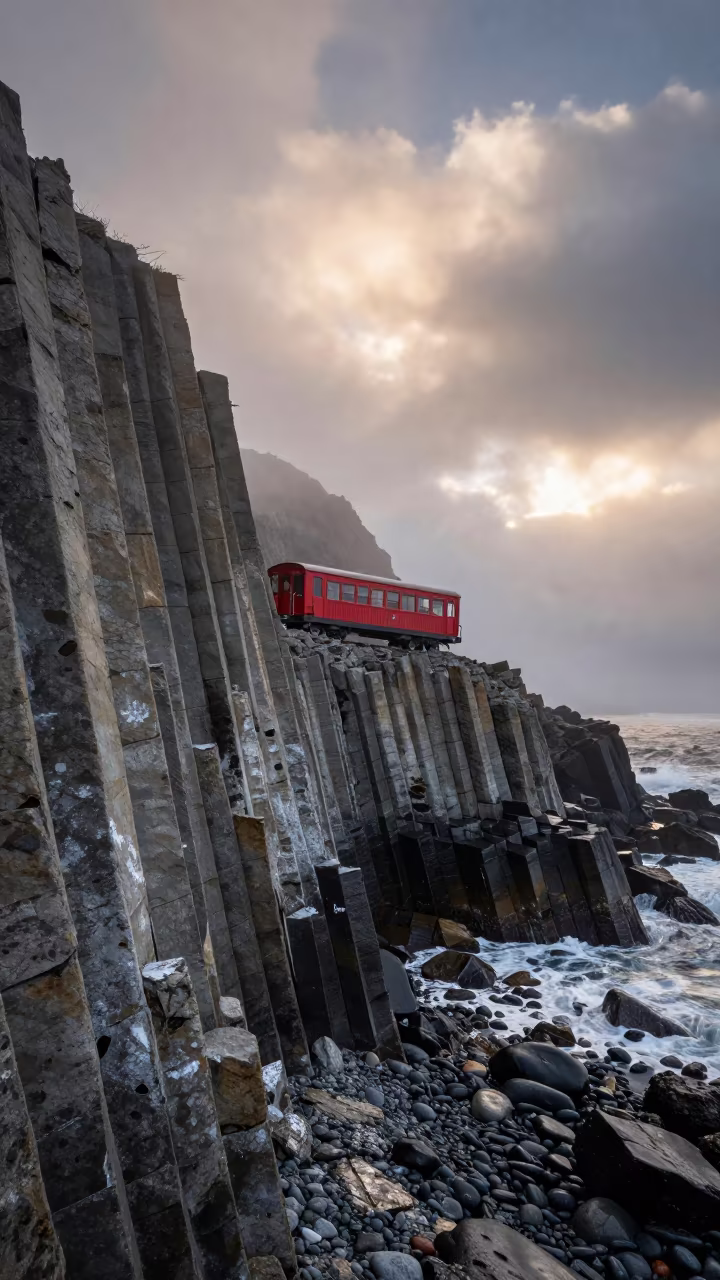 Basalt Columns and Ghost Train in Chilean Mist in in Chile